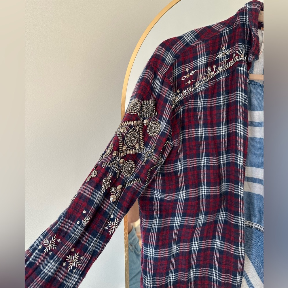 Free People Silver Sequin Plaid Button-Up Shirt - Picture 6 of 11